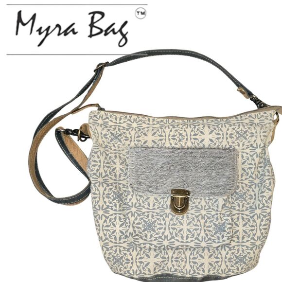 Myra Bag Ormos Upcycled Canvas & Cowhide Leather Shoulder Crossbody HandBag - Picture 1 of 8